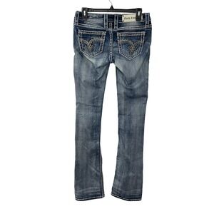 Rock Revival Nancy Mid Rise Bootcut Jeans Blue Wash Embellished Sz 26 x 36 Tall